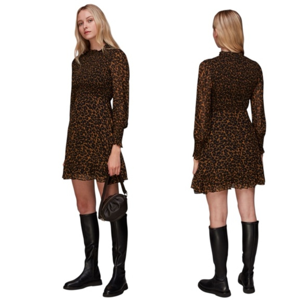 Whistles Classic Leopard Shirred Dress Long Sleeve Mini Mock Fit & Flare Size‎ 6